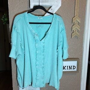 Easel Aqua Ribbed V-Neck Oversized Short Sleeve Top Women’s Size Large
